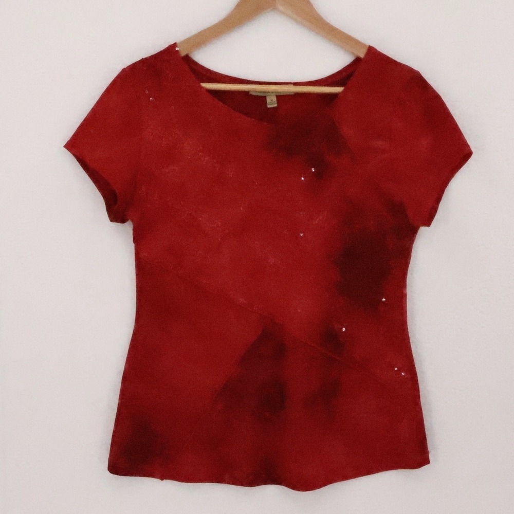 Notations Tie Dye Sequin Short Sleeve Top Womens Size M Red Indie Sleeze Y2K